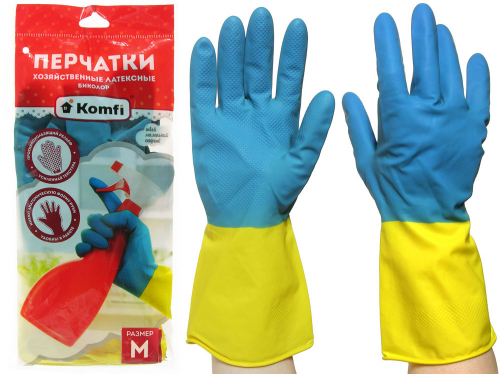 Перчатки латексные Биколор М (синий+желтый) Komfi