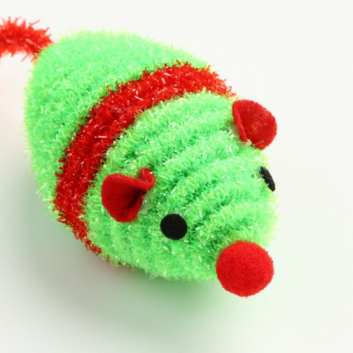 Мышь новогодняя погремушка с бубенчиком, 8 см, зелёная/красная