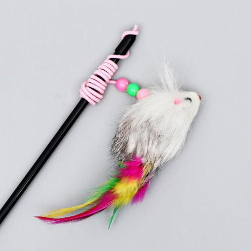 Дразнилка-удочка с мышью из натурального меха с перьями, микс цветов