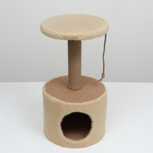 Домик для кошек с когтеточкой круглый, джут, 35 х 35 х 64 см, бежевый