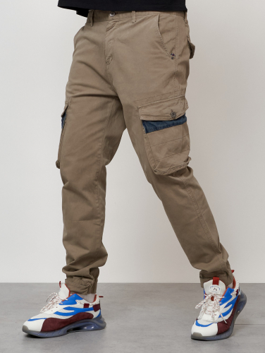 Джинсы карго мужские с накладными карманами бежевого цвета 2403-1B