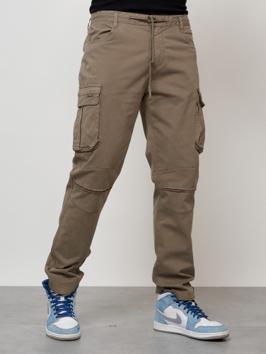 Джинсы карго мужские с накладными карманами бежевого цвета 2401B