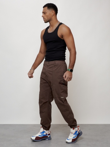 Джинсы карго мужские с накладными карманами коричневого цвета 2419K
