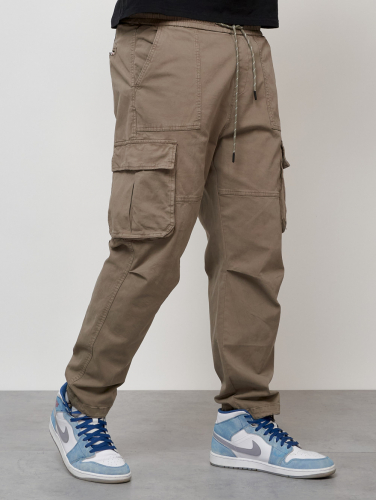Джинсы карго мужские с накладными карманами бежевого цвета 2421B