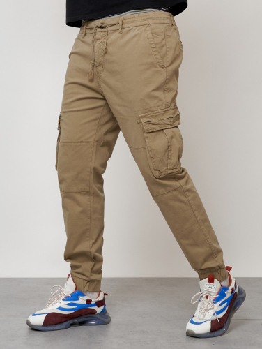 Джинсы карго мужские с накладными карманами бежевого цвета 2413B
