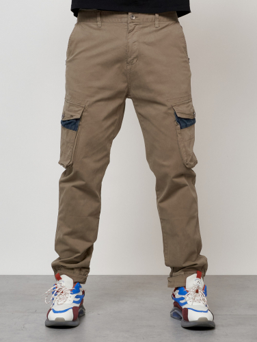 Джинсы карго мужские с накладными карманами бежевого цвета 2403-1B