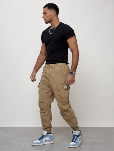 Джинсы карго мужские с накладными карманами бежевого цвета 2427B