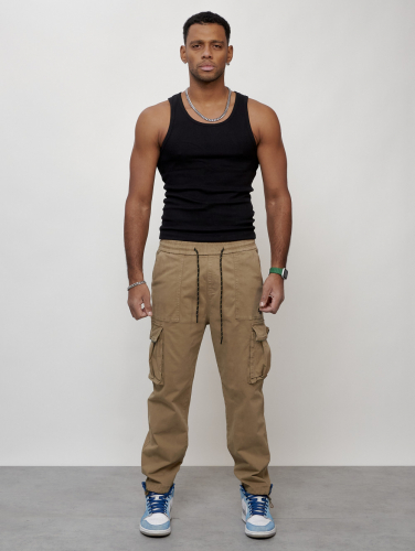 Джинсы карго мужские с накладными карманами бежевого цвета 2424B