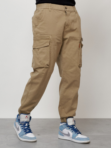 Джинсы карго мужские с накладными карманами бежевого цвета 2425B