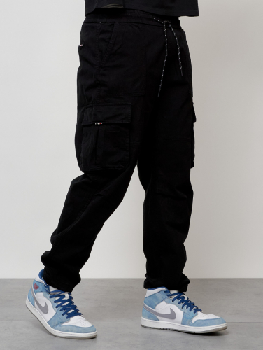 Джинсы карго мужские с накладными карманами черного цвета 2421Ch