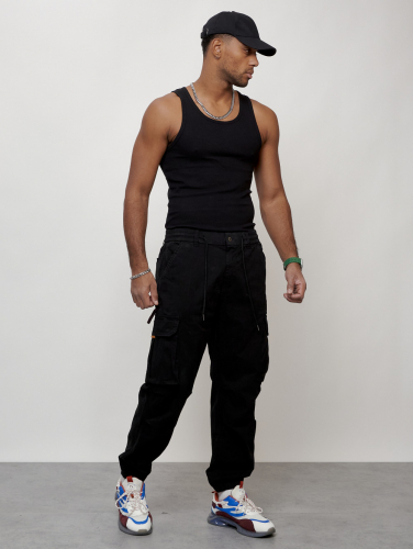 Джинсы карго мужские с накладными карманами черного цвета 2428Ch