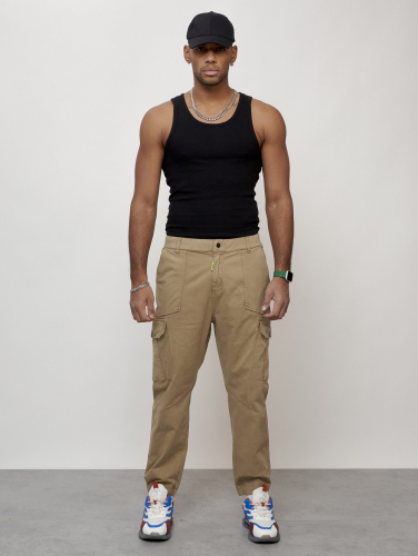 Джинсы карго мужские с накладными карманами бежевого цвета 2422B