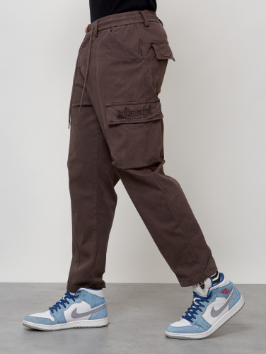 Джинсы карго мужские с накладными карманами коричневого цвета 2418K