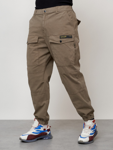 Джинсы карго мужские с накладными карманами бежевого цвета 2417B