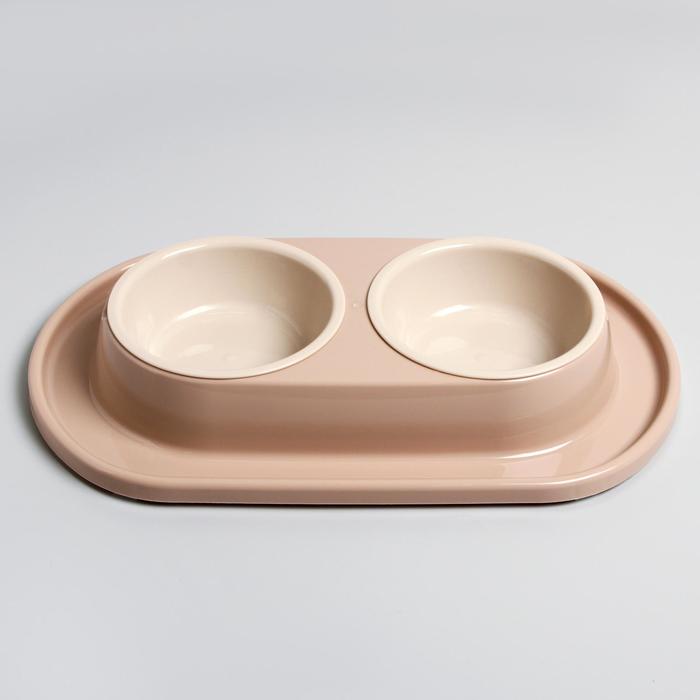 Миска для животных «Мур-мяу» 0.3 л двойная на подставке, бежевая