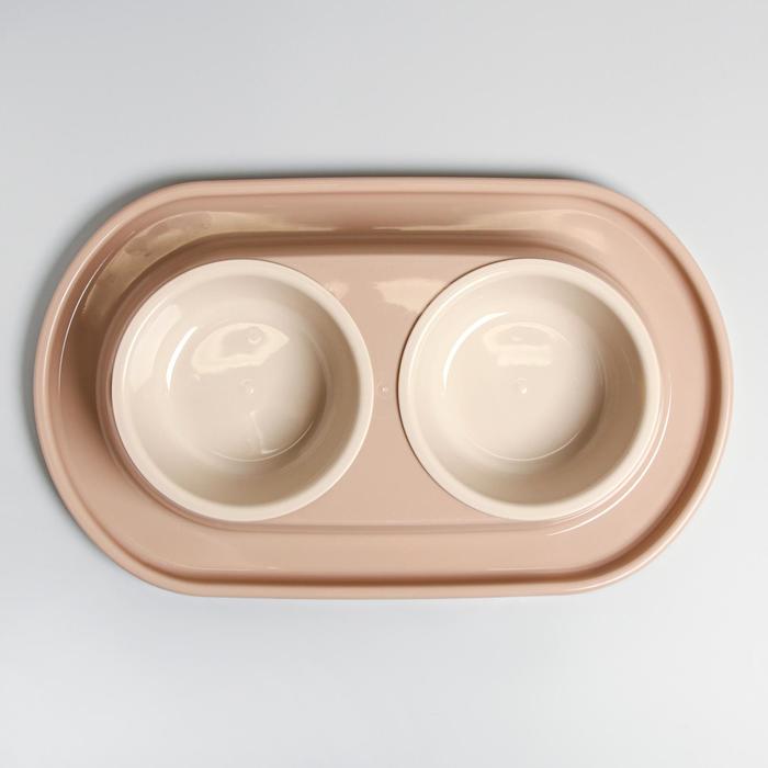 Миска для животных «Мур-мяу» 0.3 л двойная на подставке, бежевая