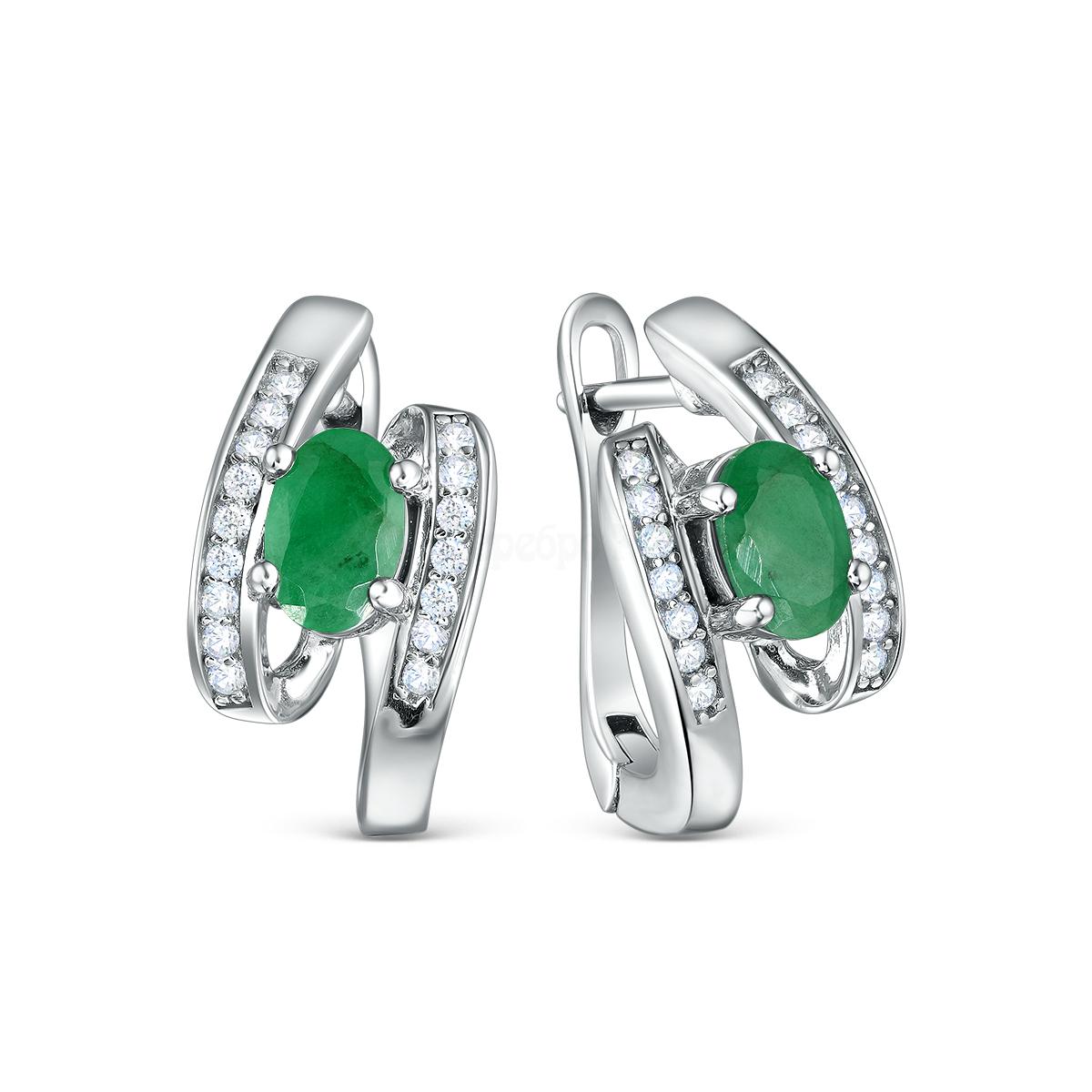 Серьги из серебра с изумрудом и кубическим цирконием 925 пробы GTE-12566F-E