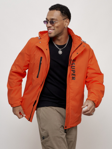 Куртка спортивная мужская весенняя с капюшоном оранжевого цвета 88026O