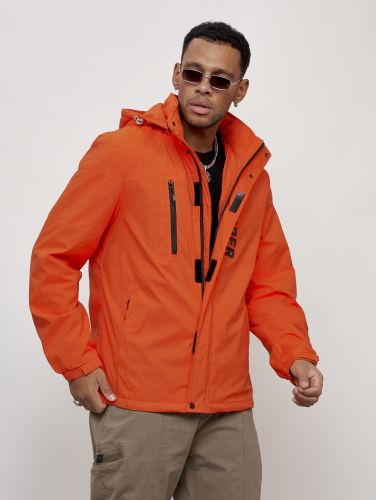 Куртка спортивная мужская весенняя с капюшоном оранжевого цвета 88026O