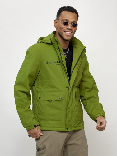 Куртка спортивная мужская весенняя с капюшоном зеленого цвета 88029Z