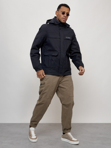 Куртка спортивная мужская весенняя с капюшоном темно-синего цвета 88031TS