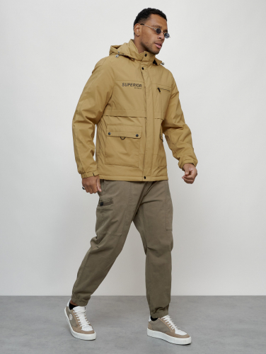 Куртка спортивная мужская весенняя с капюшоном бежевого цвета 88029B