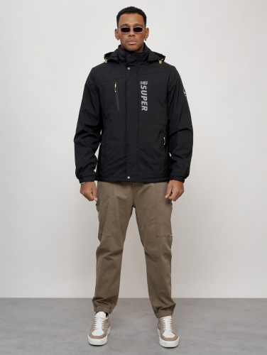 Куртка спортивная мужская весенняя с капюшоном черного цвета 88026Ch
