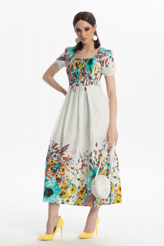 Платье Diva 1485 белый/бирюзовые цветы