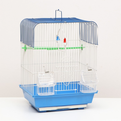Клетка для птиц квадратная с кормушками, 35 х 28 х 39 см, синяя