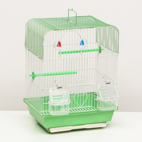 Клетка для птиц квадратная с кормушками, 35 х 28 х 39 см, зелёная