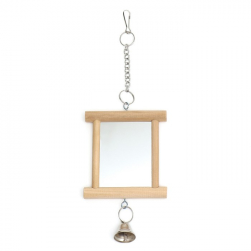 Игрушка - зеркало для птиц в деревянной раме с колокольчиком, 10 х 23 см