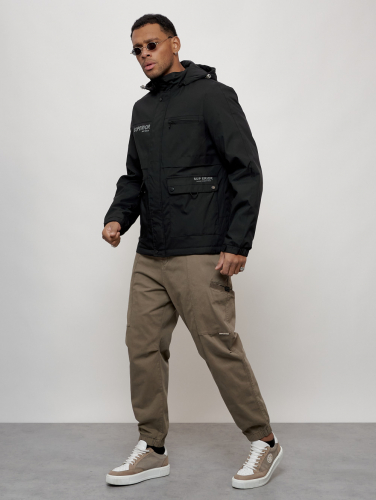 Куртка спортивная мужская весенняя с капюшоном черного цвета 88029Ch