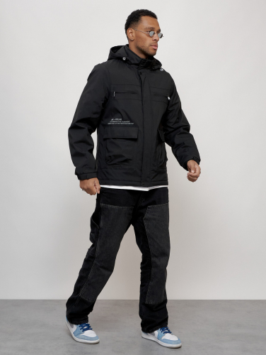 Куртка спортивная мужская весенняя с капюшоном черного цвета 88028Ch
