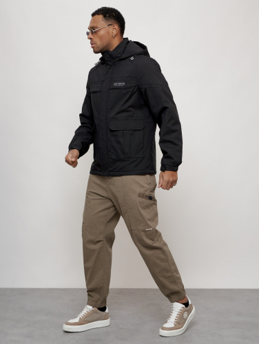 Куртка спортивная мужская весенняя с капюшоном черного цвета 88031Ch