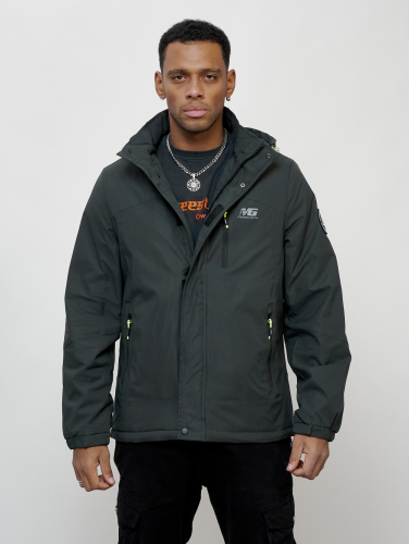 Куртка спортивная мужская весенняя с капюшоном темно-серого цвета 88023TC