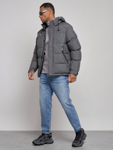 Куртка спортивная болоньевая мужская зимняя с капюшоном серого цвета 3111Sr
