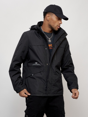 Куртка спортивная мужская весенняя с капюшоном черного цвета 88030Ch
