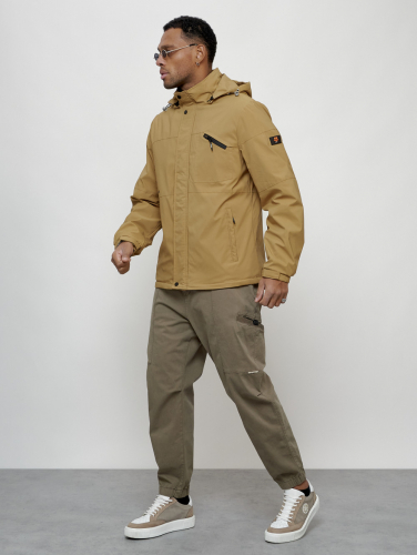 Куртка спортивная мужская весенняя с капюшоном бежевого цвета 88021B