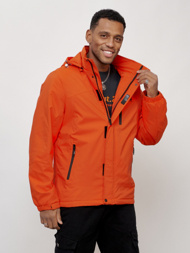 Куртка спортивная мужская весенняя с капюшоном оранжевого цвета 88023O