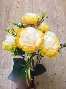 Цветы искусственные декоративные Пион двухцветный + зелень желто-зеленая (7 цветков) 40 см
