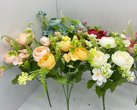 Цветы искусственные декоративные Пион 4 бутона + фиалка + зелень 35 см