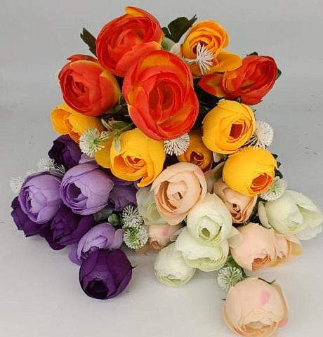Цветы искусственные декоративные Ранункулюс 12 бутонов (2 цвета) + гипсофила крупная 55 см