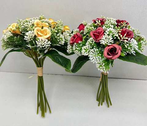 Цветы искусственные декоративные Букет роз 10 отдельных веток + зелень 28 см