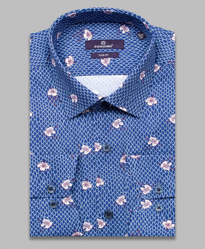 Синяя приталенная мужская рубашка Poggino 7016-16 в цветах с длинными рукавами