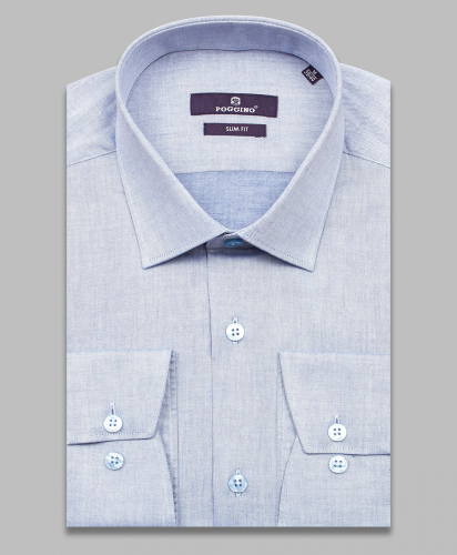 Голубая приталенная мужская рубашка Poggino 7017-74 меланж с длинными рукавами