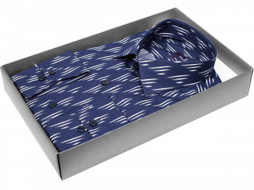 Темно-синяя приталенная мужская рубашка Poggino 7017-41 в узорах с длинными рукавами