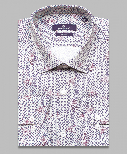 Серая приталенная мужская рубашка Poggino 7016-15 в цветах с длинными рукавами