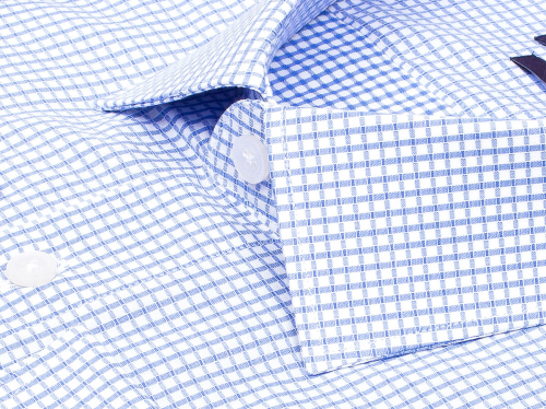 Голубая приталенная мужская рубашка Poggino 7017-11 в клетку с длинными рукавами