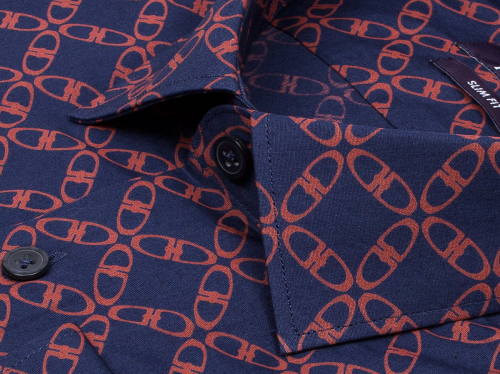 Темно-синяя приталенная мужская рубашка Poggino 7017-40 в узорах с длинными рукавами