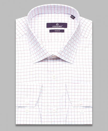 Белая приталенная мужская рубашка Poggino 7017-79 в клетку с длинными рукавами